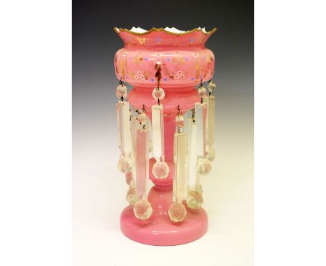 Late 19th/early 20th Century pink opaque or 'milk' glass table lustre with enamelled floral decoration and gilt highlights, 3