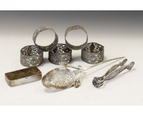 Group of small silver to include 'Mote'-style presentation or anointing spoon, filigree sugar tongs and five napkin rings, pl