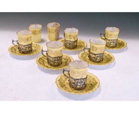 Set of six late Victorian silver Lemon Tea holders, London 1900, each with Coalport cylindrical beaker, plus six saucers and 