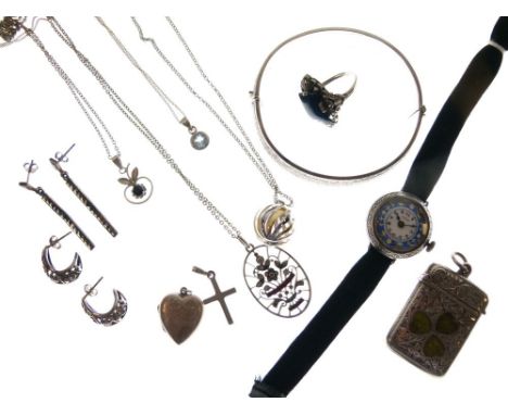 Assorted silver and white metal jewellery and effects to include cocktail watch with blue border to dial, vesta case with ena