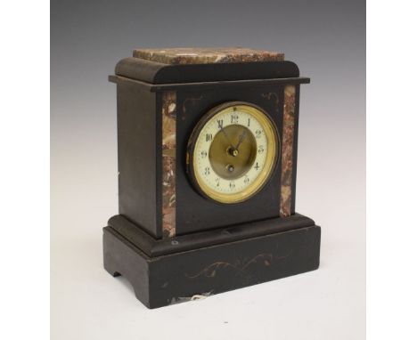 Late 19th/early 20th Century French black slate and variegated marble mantel clock, 27cm high  