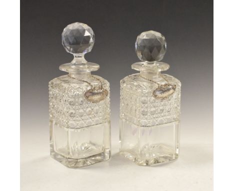 Pair of cut glass whisky decanters, each with matching labels for Irish and Scotch (Whisky) (2)  