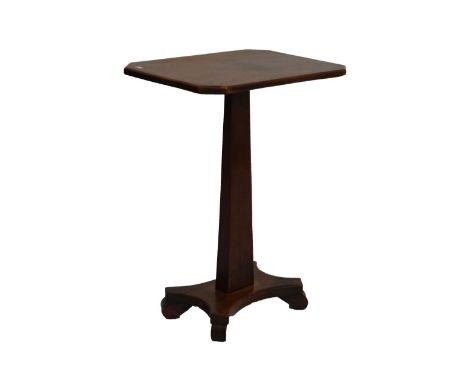 Mid 19th Century mahogany tripod occasional table, the canted oblong top on broadening pedestal and concave quadripartite bas