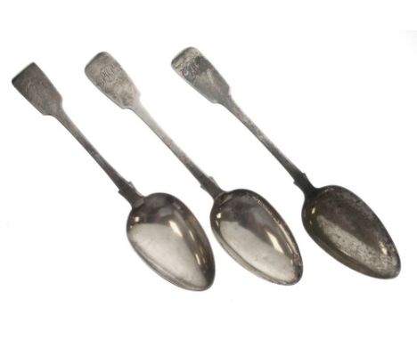 Pair of early Victorian Exeter silver Fiddle pattern table spoons, 1839, together with a single William IV example, Exeter 18