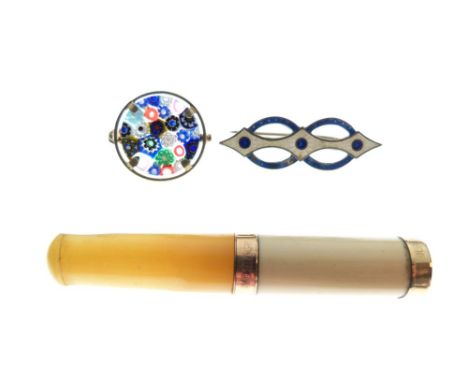 White metal and enamel bar brooch, millefiori brooch, and cigarette holder or filter with 18ct gold plated mount (3)  