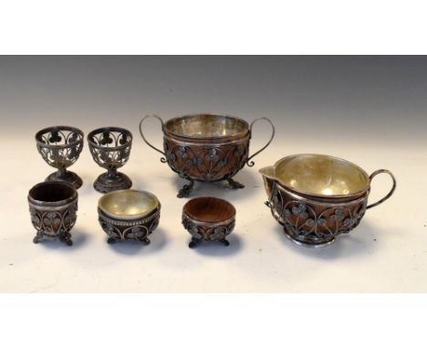 Unusual group of unmarked white metal, treen and wire-work items comprising two-handled sugar basin, milk or cream jug, pair 