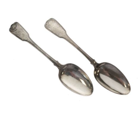 Pair of late George III silver Fiddle, Thread and Shell pattern table spoons, London 1819, 4.3toz approx  