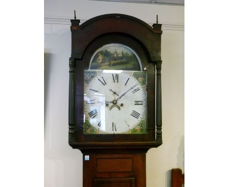 Early 19th Century mahogany-cased eight-day painted dial longcase clock, with 14-inch break-arched Roman dial, 218cm high  