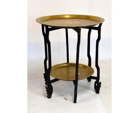 Chinese brass folding two-tier occasional table, with dished removable circular top on folding stand and tray base, 60cm diam