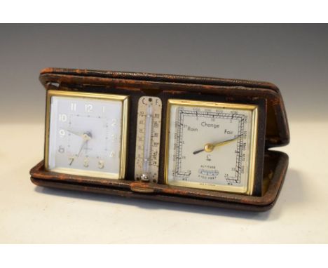 Vintage German desk compendium or weather station comprising timepiece, barometer and thermometer in folding morocco case, 15