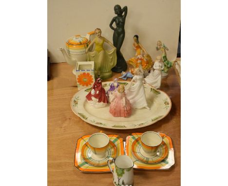 Group of Art Deco and later ceramics to include; Myott coffee pot and two trios, six various Deco figurines, Poole collectors