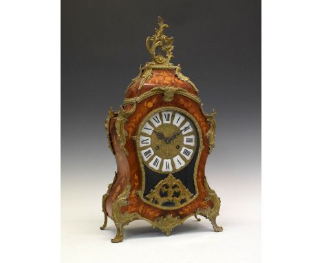 Reproduction rosewood and marquetry mantel clock with cellular Roman dial and German movement striking on two bells, 47cm hig