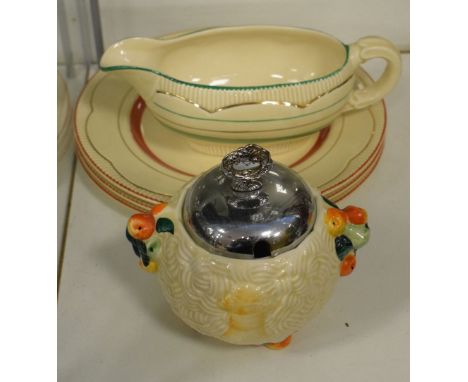 Clarice Cliff Celtic Harvest globular preserve pot, together with sauce boat and three plates  