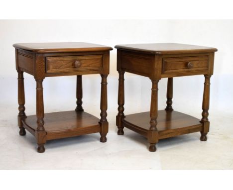 Ercol - Pair of mid-brown elm occasional tables, each with single drawer and undershelf, 46cm wide x 54cm high  