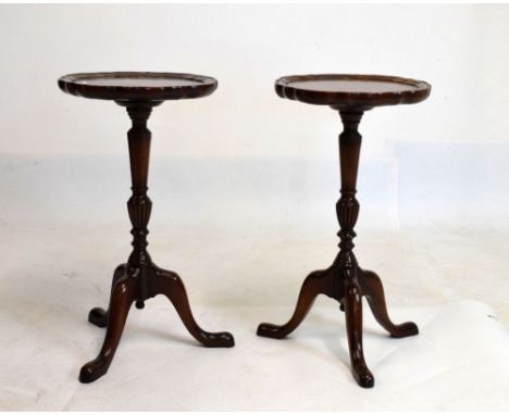 Pair of reproduction mahogany pie-crust tripod occasional tables, 29cm diameter x 53cm high (2)  