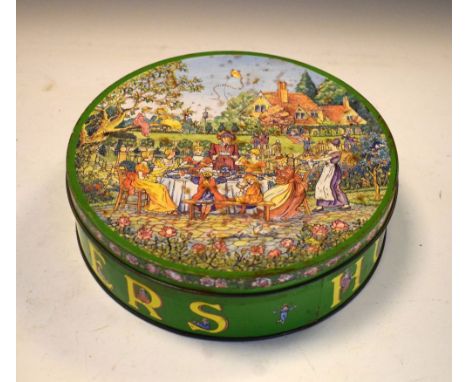 Vintage Huntley &amp; Palmers 1980 'Rude' or 'Disgruntled Employee' Edwardian Garden Party Ginger Nuts biscuit tin, decorated