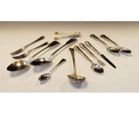 Assorted silver flatware to include pair of George III Fiddle pattern table spoons, London 1807, sifting ladle, tongs, three 