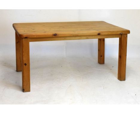 20th Century yellow pine kitchen table with thick plank top on square section supports, 137cm x 74cm x 71cm high  