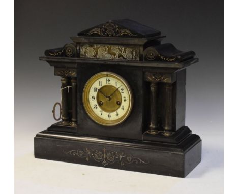 Late 19th Century French black slate mantel clock of temple design, 35cm high  