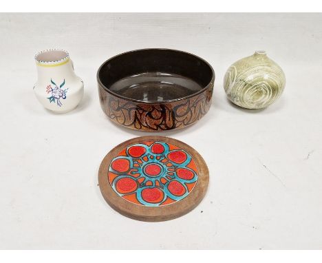 Poole pottery brown glazed bowl&nbsp;painted with foliate panels on a mottled ground, 25cm diameter, a waisted vase&nbsp;pain