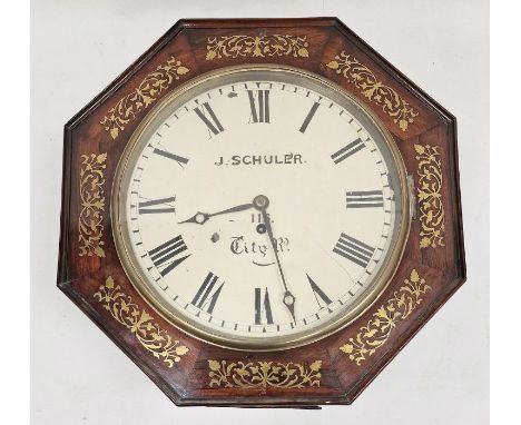 Victorian wall clock&nbsp;in octagonal rosewood case, inlaid with brass floral motifs, the 30cm diameter dial labelled 'J Sch