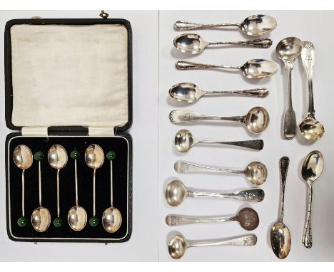 Cased set of 1930's silver coffee spoons&nbsp;with green circular stone finials, Birmingham 1934 with jubilee mark, a set of 