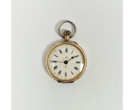 9ct gold lady's fob watch, the circular enamel dial with Roman numerals denoting hours and scrolling gilt foliate decoration 