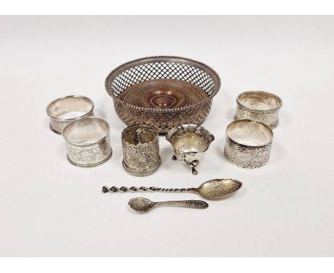 Four assorted engraved napkin rings, a silver salt&nbsp;and a silver-mounted wine coaster&nbsp;marked 'Sterling', etc (8)&nbs