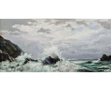 Hugh Gurney (b.1932) Oil on board“The Angry Tide: North Devon. 2006”, rocky seascape with crashing waves, signed and labelled