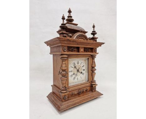 19th century oak cased Black Forest-style mantel clock, carved and moulded case with urn finials and pan-tiled effect top, sq