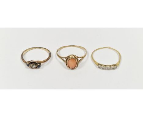 9ct gold and coral oval set ring,&nbsp;a gold-coloured metal and five-stone ring and a gold (band worn), diamond and sapphire