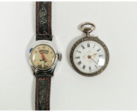 Vintage child's hopalong Cassidy wristwatch, by Timex, on original strap, together with a hallmarked silver cased lady's fob 