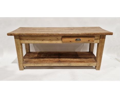 Large pine drapers table, of rectangular form, single drawer to front with shelf base, measuring approximately 77cm high, 183