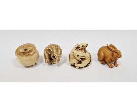 Japanese carved boxwood netsuke&nbsp;in the form of a rabbit, inscribed signature, 4.5cm long and three various resin/simulat