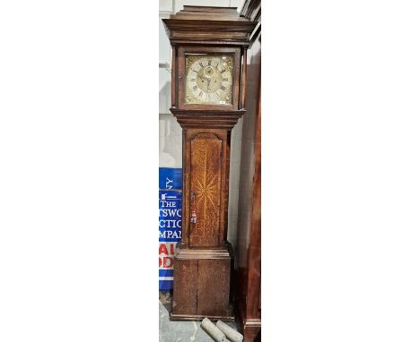 18th century eight-day longcase clock movement&nbsp;inscribed 'Jn Clayton, Marple', housed in slender oak case with geometric