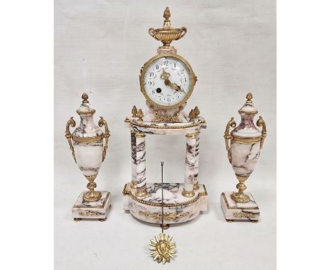 French gilt metal and ormolu marble clock garniture, the enamel drum-shaped movement with urn finial, supported on four colum