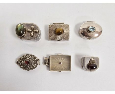 Four various miniature silver boxes set with various coloured gemstones, to include tiger's eye, aquamarine, etc, either mark