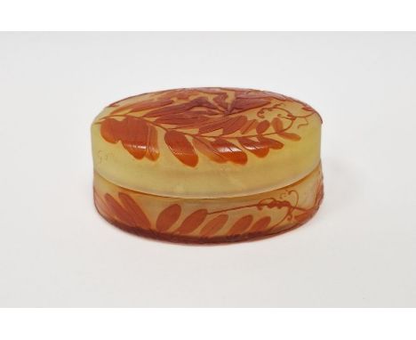 Galle cameo glass lidded trinket dish&nbsp;decorated with red flowers on yellow ground, height 5cm, length 10.5cmCondition Re
