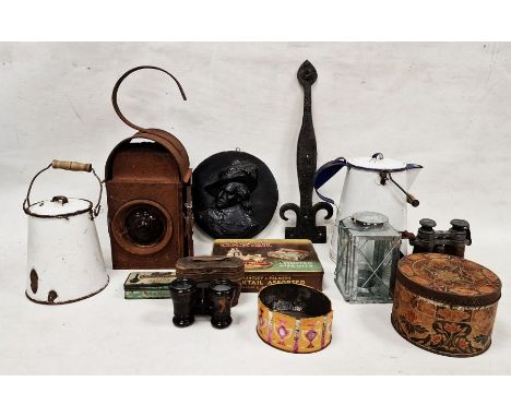 Kenyon's serilight lens road lamp and an assortment of collectables, including enamel pouring jug, opera glasses, metal tins 