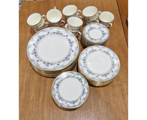 Minton 'Avonlea' bone china part dinner and tea service, printed blue marks, circa 1975, painted with pink and blue flowerspr