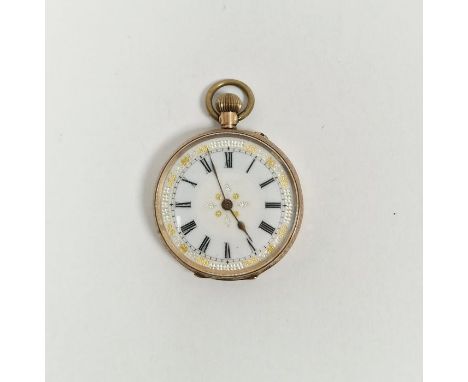 9ct gold lady's fob watch,&nbsp;the circular enamel dial with Roman numerals denoting hours, the case back stamped 9C, gross 