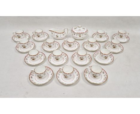 Wedgwood 'Bianca' pattern part coffee service, printed with baskets of flowers and loose flower sprays above a pink line, pin