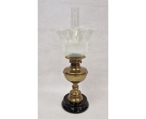 Brass and opaline glass oil lamp&nbsp;Condition ReportShade with small chip to rim, some small nibbles/chips to the base edge