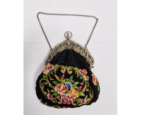 Dutch white metal mounted tapestry handbag&nbsp;engraved to inside 'Eisma de Vies 5th Augustus 1906' and 'M.W.Goe 8/10/68' wi