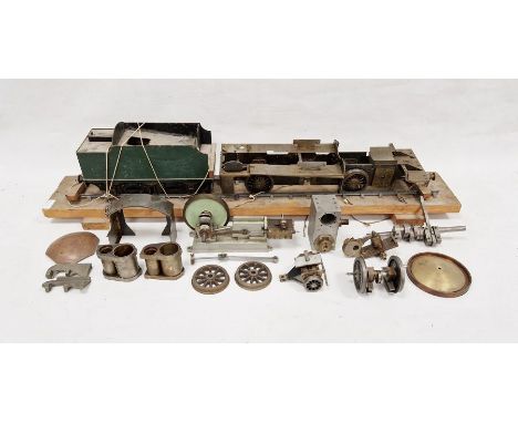 Part-built model steam engine (82cm x 12cm x 14cm) on track platform together with loose bits to include stationary steam eng