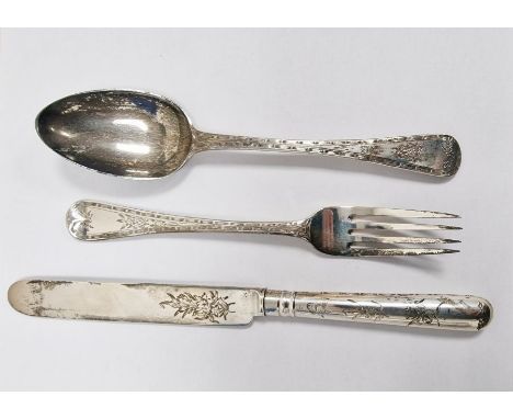 Victorian silver matched fork, knife and spoon, floral and bamboo engraved decoration, London 1865, same makers mark, 3.5ozt,