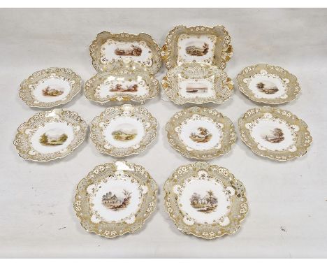 19th century Davenport china dessert service, each piece painted with landscape, some depicting ruins, some with water scenes