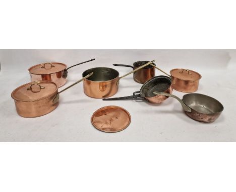 Seven various vintage copper saucepans, one marked 'Made in France', another marked 'Elkington' and four lids&nbsp;&nbsp;Cond