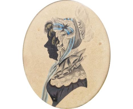 19th century silhouette portrait of a lady in period dress, framed and glazed, together with a white painted and gilt decorat