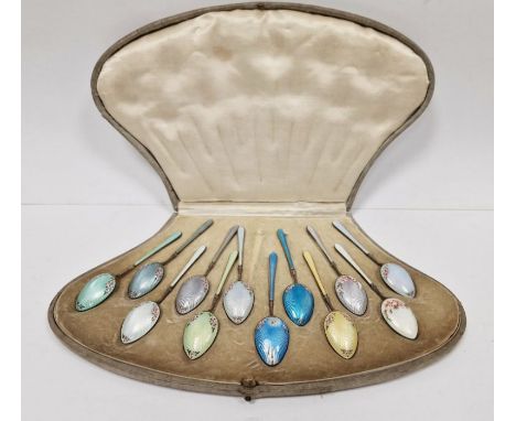 Set of 12 silver-coloured and enamel teaspoons, various colours, floral decorated, 925, in fitted box&nbsp;